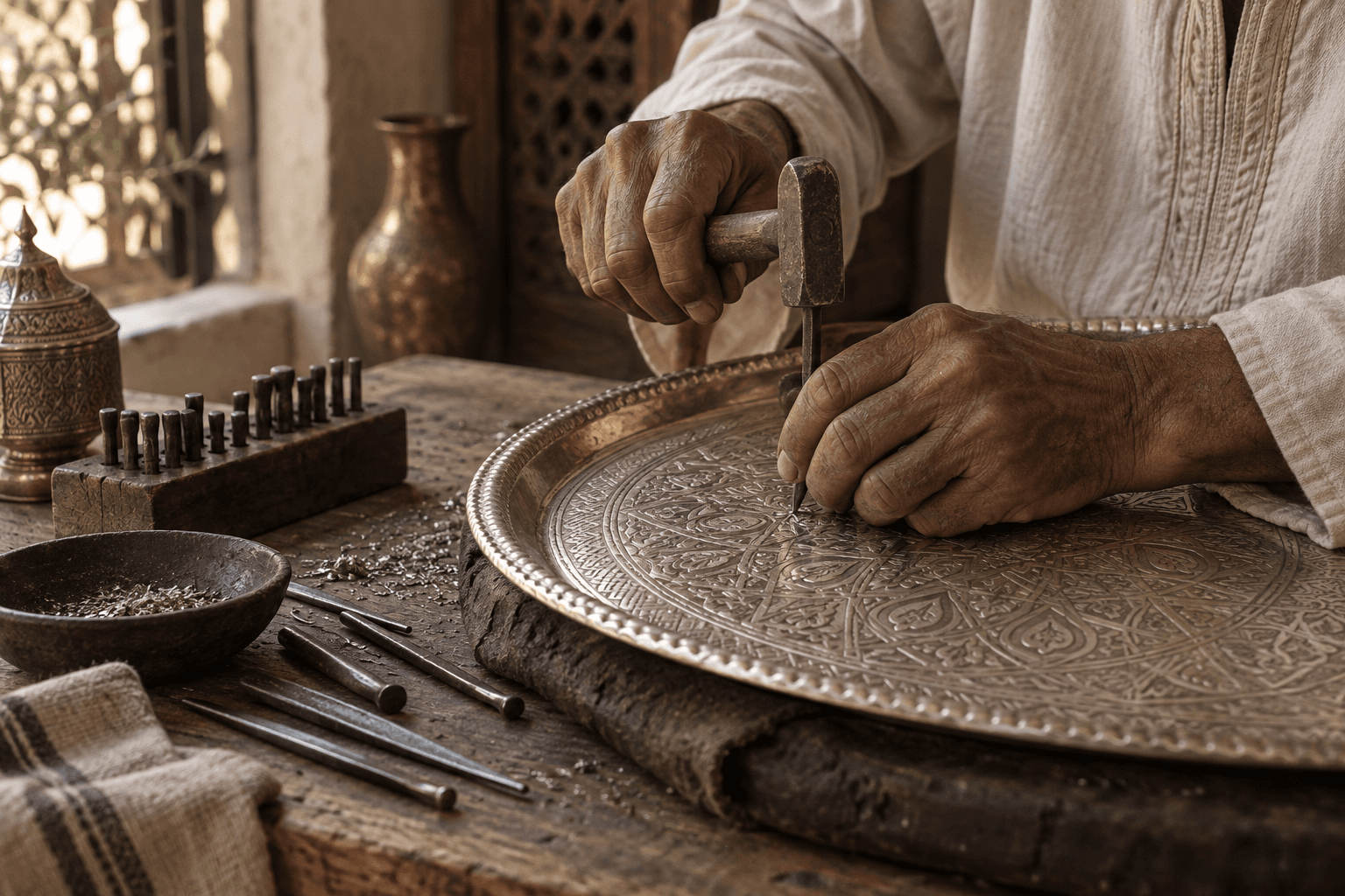 Les mains d’un artisan gravant un plateau en métal